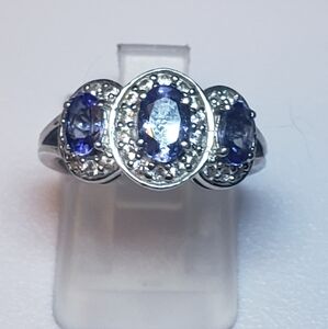 Extraordinary Designer Signed Genuine Tanzanite And White Topaz Trilogy Ring